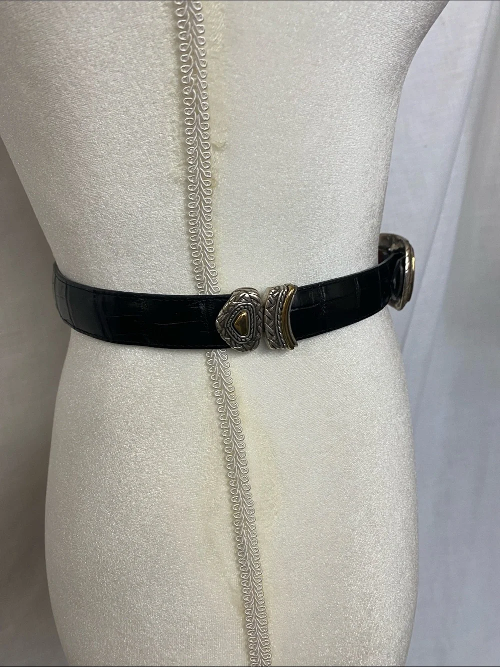 Croc-Effect Black Leather Belt with Ornate Gold Buckle